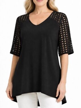 Clara Sun Woo black Liquid Jersey slinky stretchy cutout tunic blouse size Large